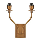 Tatiana Antique Brass Double Wall Light, 30cm, with two upward-curving arms, candle-style holders, and empty bulb sockets, mounted on a rectangular backplate, shown on a plain white background.