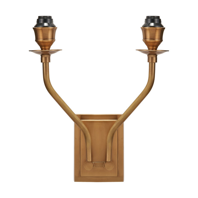 Tatiana Antique Brass Double Wall Light, 30cm, with two upward-curving arms, candle-style holders, and empty bulb sockets, mounted on a rectangular backplate, shown on a plain white background.