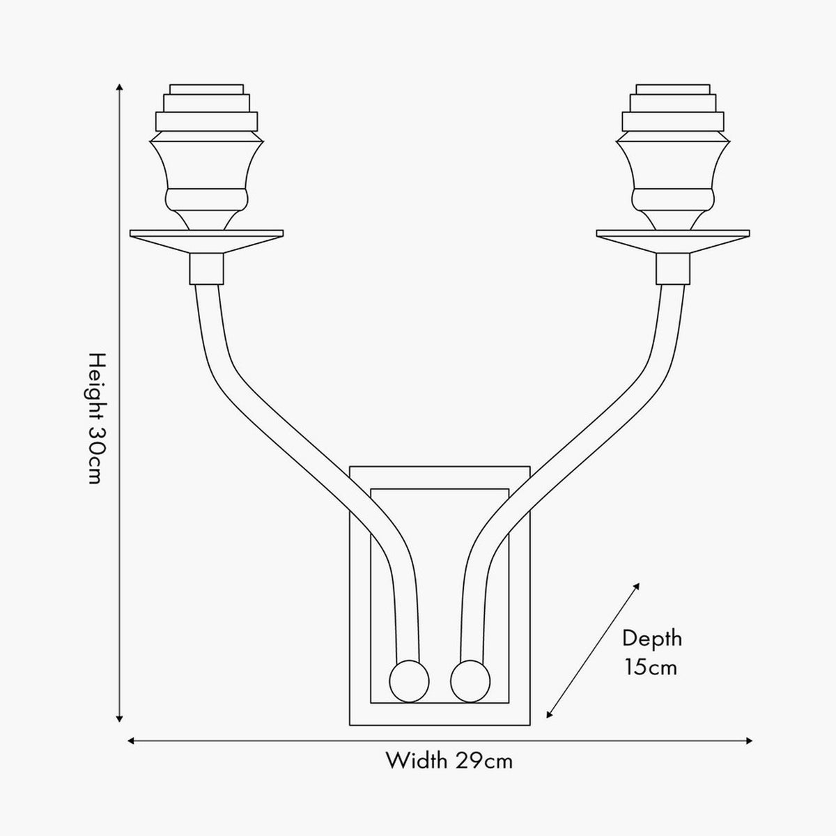 Line drawing of the Tatiana Antique Brass Double Wall Light showing twin curved arms with candle-style holders and dish details, labelled 30cm height, 29cm width, 15cm depth.