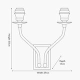 Line drawing of the Tatiana Antique Brass Double Wall Light showing twin curved arms with candle-style holders and dish details, labelled 30cm height, 29cm width, 15cm depth.