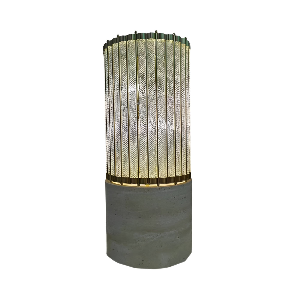 The Helixora 4 Light Twist Column Floor Lamp features a tall, twisted glass tube shade with textured diagonal lines and gold accents atop a cylindrical concrete base in brushed bronze, isolated on a white background.