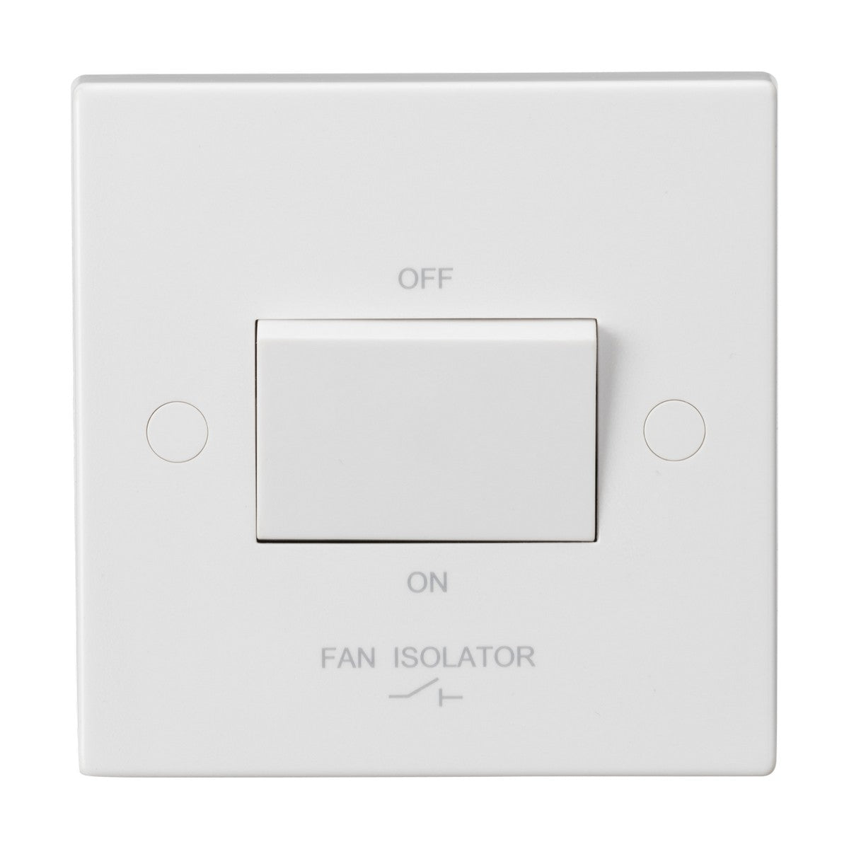 A 10A Fan Isolator Switch in white is mounted on the wall, showcasing a central toggle labeled OFF at the top and ON at the bottom, with FAN ISOLATOR printed beneath it. Its Square Edge plate design provides a sleek finish that complements modern interiors while ensuring dependable functionality.