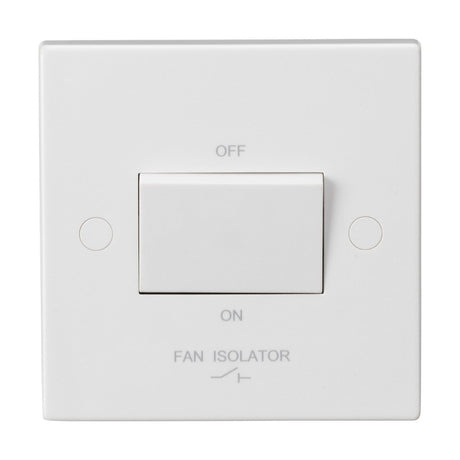 A 10A Fan Isolator Switch in white is mounted on the wall, showcasing a central toggle labeled OFF at the top and ON at the bottom, with FAN ISOLATOR printed beneath it. Its Square Edge plate design provides a sleek finish that complements modern interiors while ensuring dependable functionality.