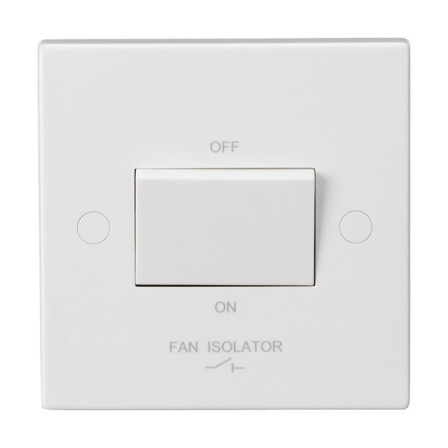 A 10A Fan Isolator Switch in white is mounted on the wall, showcasing a central toggle labeled OFF at the top and ON at the bottom, with FAN ISOLATOR printed beneath it. Its Square Edge plate design provides a sleek finish that complements modern interiors while ensuring dependable functionality.