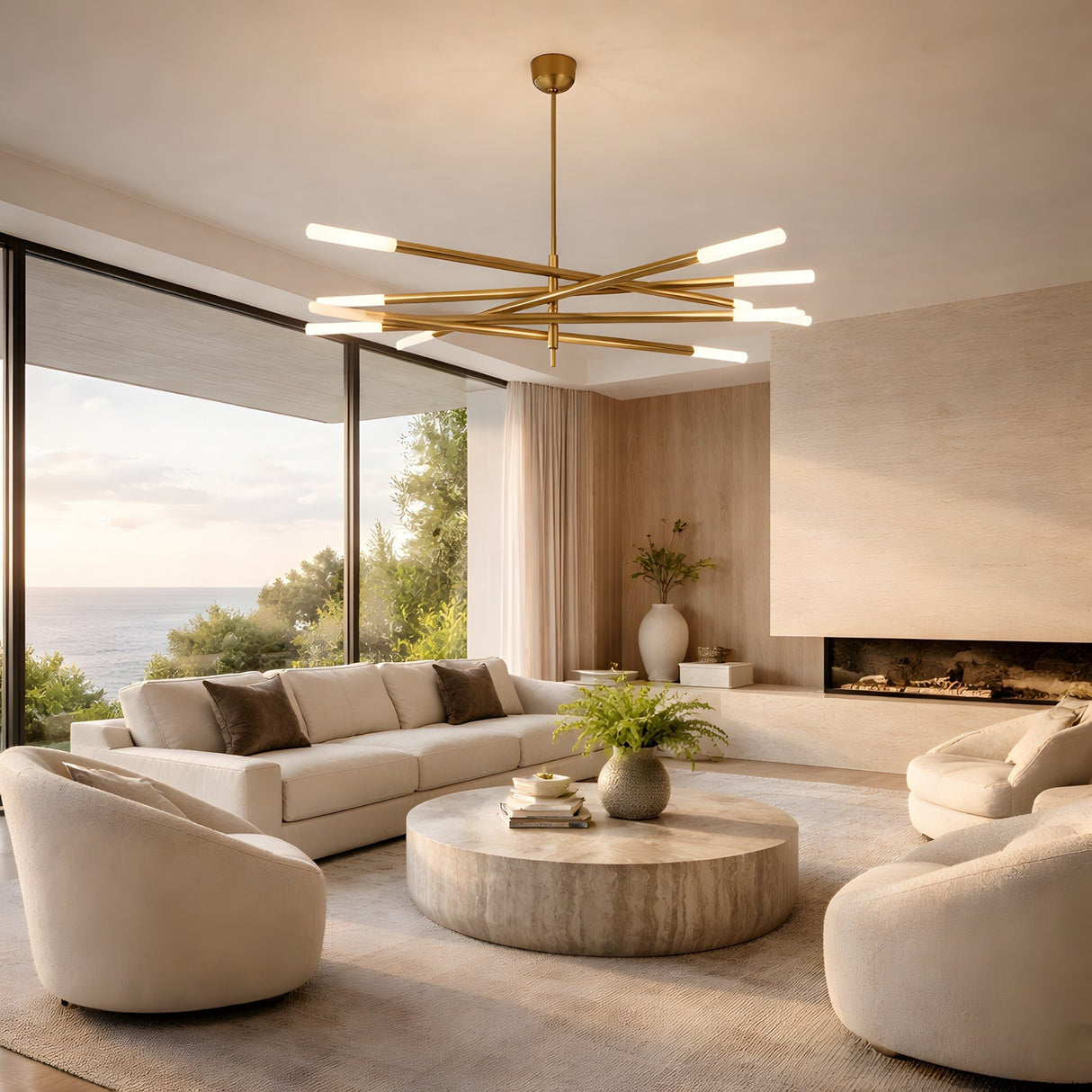 A modern living room with white sofas, round chairs, a large round coffee table, built-in fireplace, floor-to-ceiling ocean-view windows, and an Aurelian LED Layered Arms Alabaster Chandelier in brushed brass & soft white overhead.