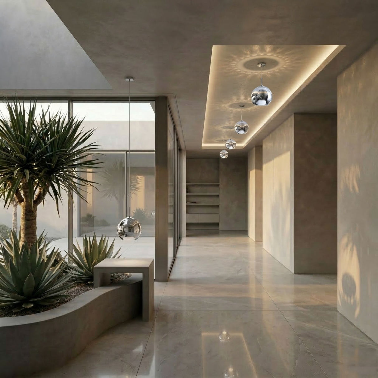 A modern, minimalist hallway with beige walls and marble floors features the Grand Ball Glass Pendant 25cm in silver, large windows, and a built-in planter with agave and yucca, letting natural light brighten the space.