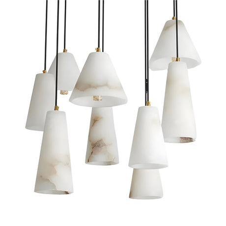 The Sorrelis 9 Light Cluster Alabaster Pendant Light features elegant soft white lamps accented with brushed brass finishes for a sophisticated touch.