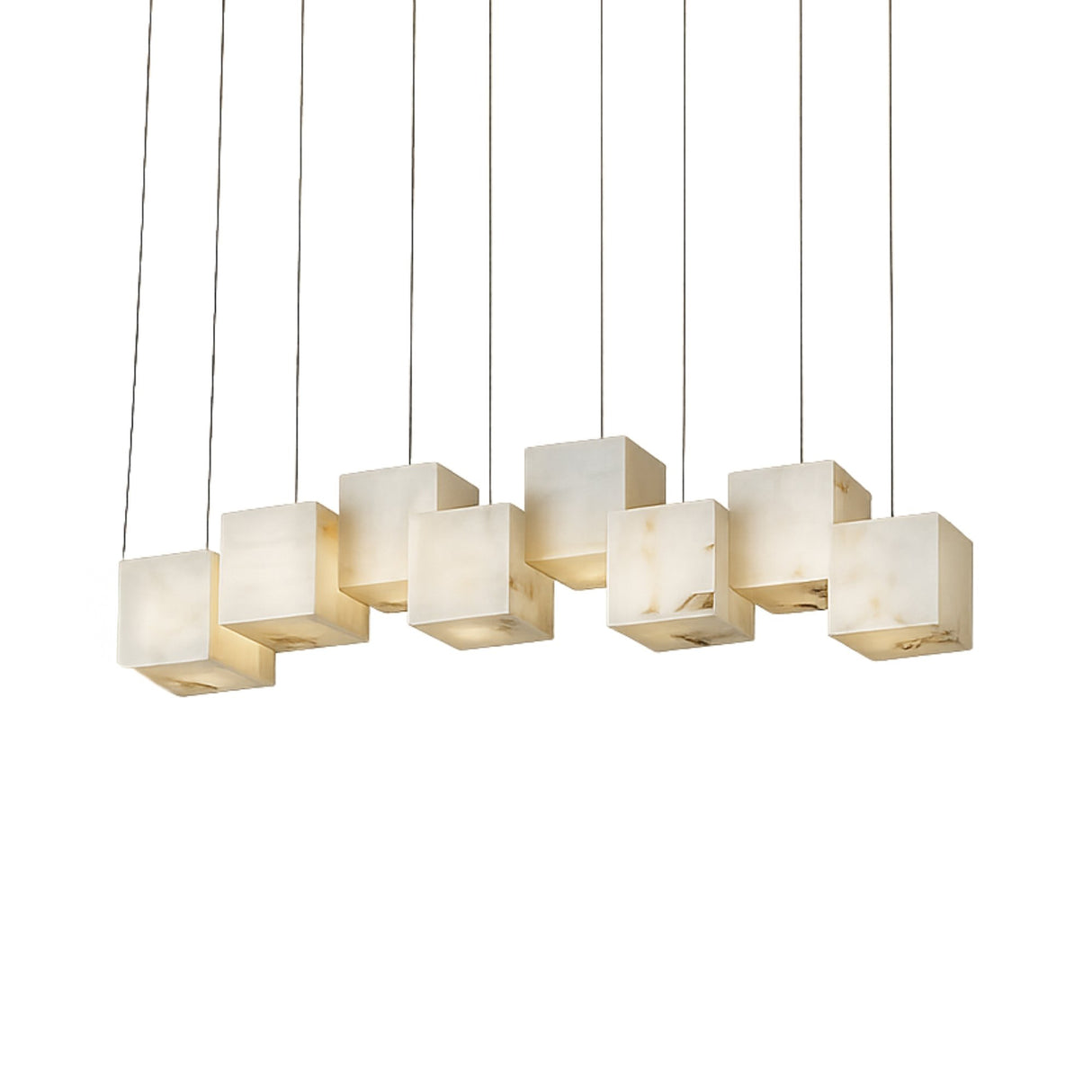 The Elmyra 8 Light Linear Alabaster Bar Pendant Light in Soft White features eight illuminated cube-shaped pendants suspended in a row, crafted from translucent alabaster for a warm, gentle glow against any backdrop.