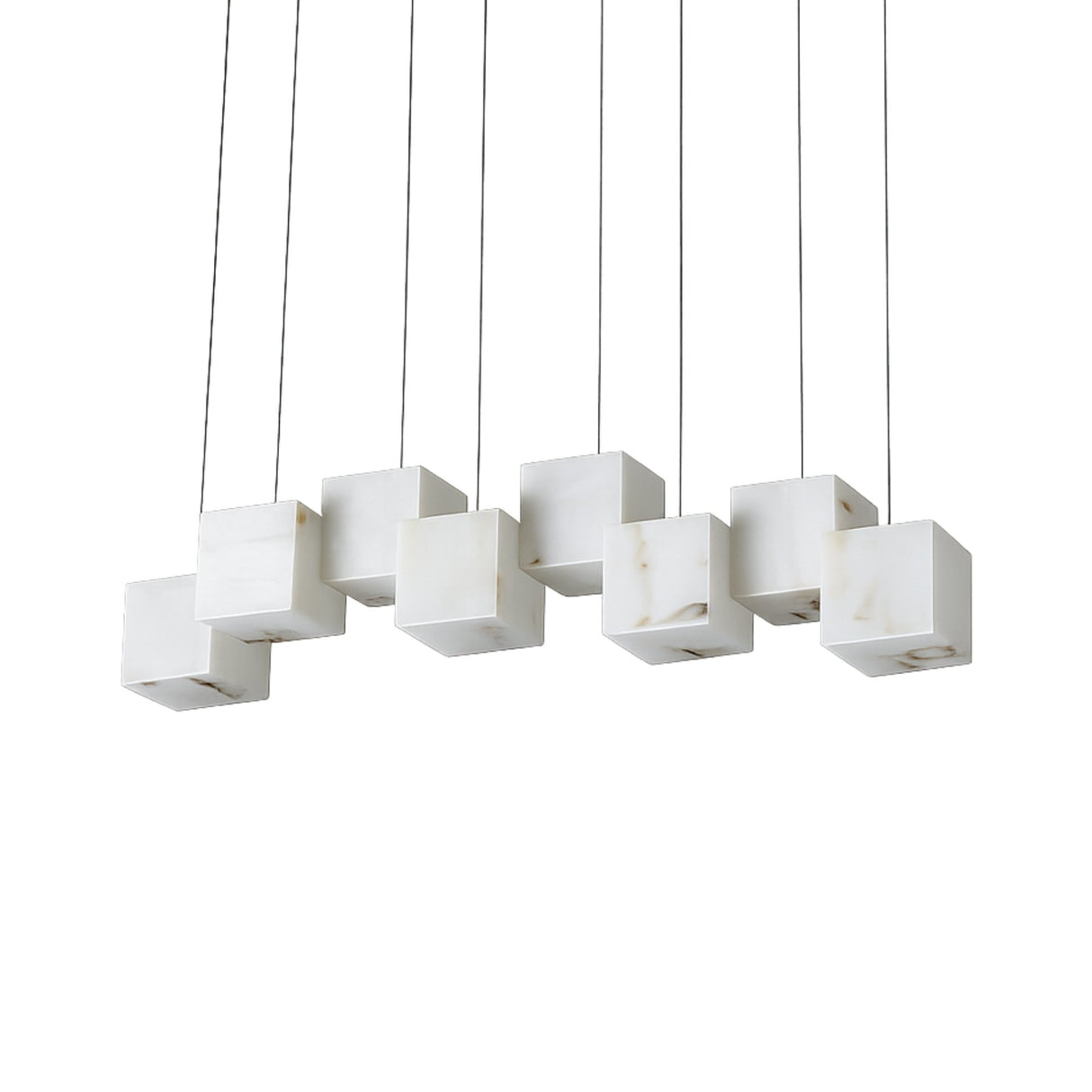 The Elmyra 8 Light Linear Alabaster Bar Pendant Light in Soft White features eight marble-like alabaster cubes, each suspended by thin wires in a horizontal row, creating a modern statement piece.