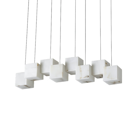 The Elmyra 8 Light Linear Alabaster Bar Pendant Light in Soft White features eight marble-like alabaster cubes, each suspended by thin wires in a horizontal row, creating a modern statement piece.