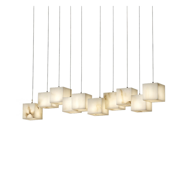 The Elmyra 10 Light Linear Alabaster Bar Pendant features ten cube-shaped, soft white alabaster lights in two staggered rows, suspended by thin cords against a plain white background.