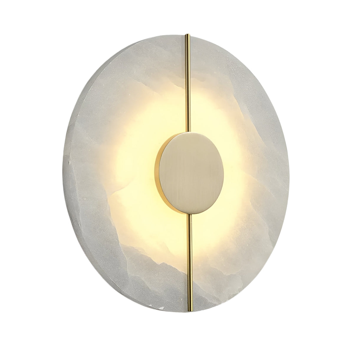 The Elaris LED Round Alabaster Wall Light in Soft White & Brass features a circular alabaster base, central brass disc, and vertical brass rod, softly glowing from behind to cast a radiant halo on the stone surface.