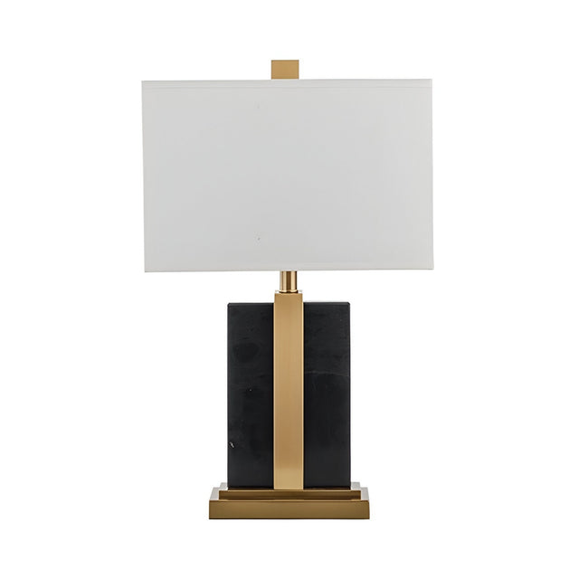 The Elvaris 1 Light Framed Marble Table Lamp features a modern design with a rectangular white shade, brass base and accent, and a black framed marble body.