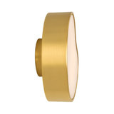 The Marea LED Alabaster Wall Light in Brushed Brass features a modern round design with a brushed gold finish and a white frosted front panel, shown isolated on a white background.