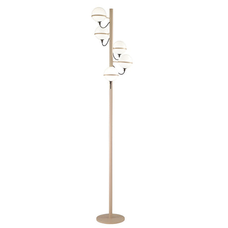 Giro 5 Light Globe Glass Floor Lamp with five round white glass globes staggered along a slender champagne metal upright, on a round base against a plain white background.
