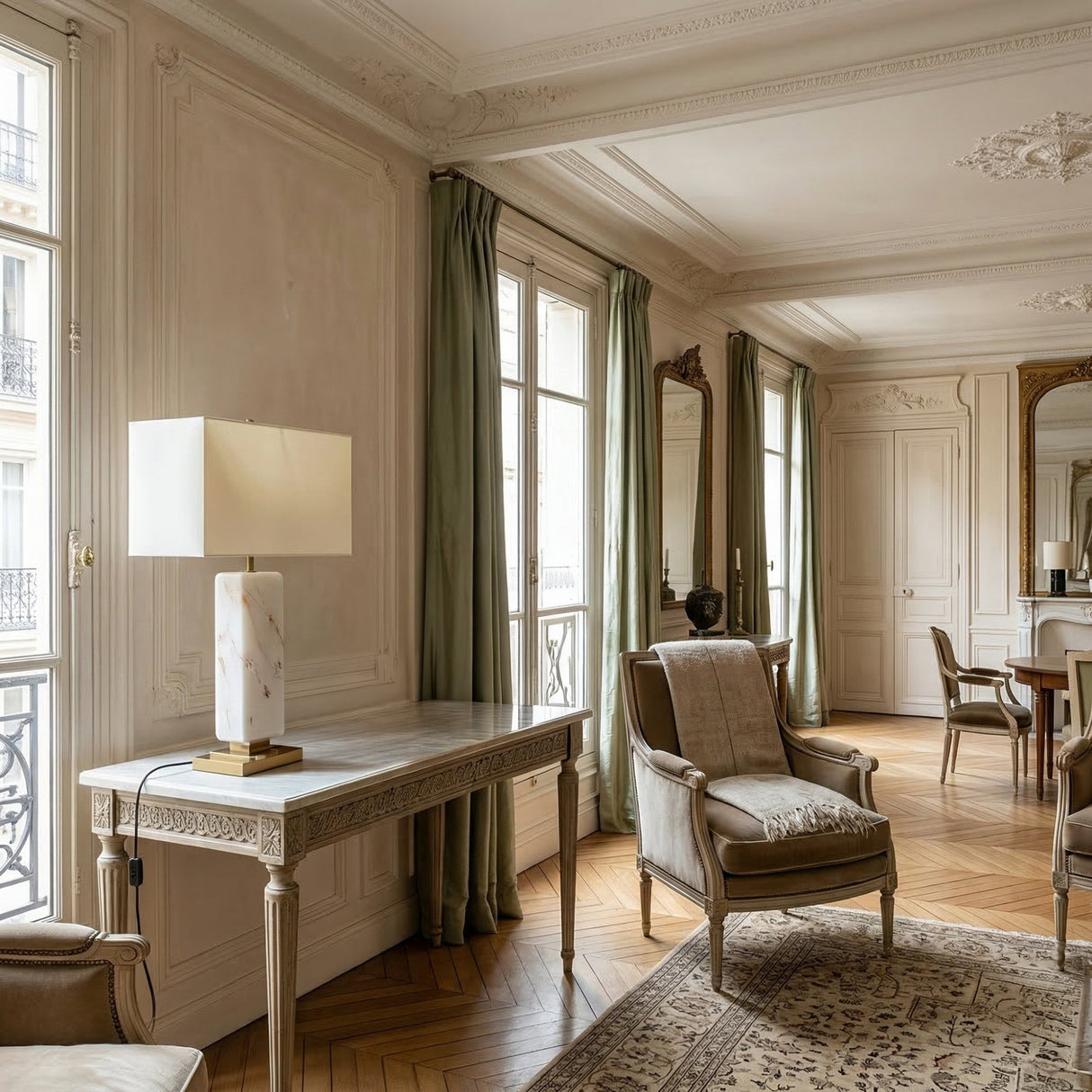 An elegant living room with classic French decor, featuring tall windows with green curtains, ornate molding, vintage armchairs, mirrors, herringbone wood floors, and a Brio 1 Light Solid Marble Table Lamp in white & brass on a carved desk.
