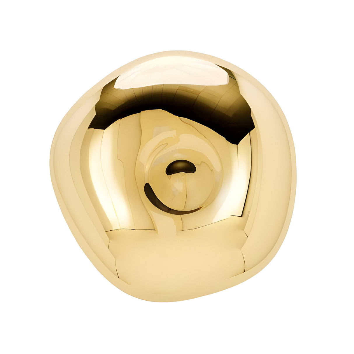 The Lava Small LED Wall & Ceiling Light in Gold features a shiny, irregular shape with smooth, reflective surfaces and an indented center, creating a luxurious accent for any white-walled space.