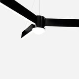 A modern black ceiling fan with three blades and a sleek, minimalist design is mounted on a white ceiling. The Fritz LED Suspension Light - Black serves as the central feature, adding contemporary flair and perfectly complementing the fan's black finish for an elegant touch.