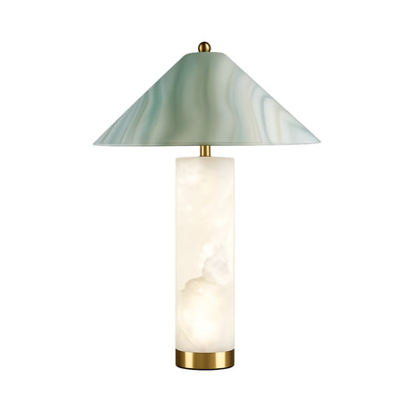 The Veridra 1 Light Conical Shade Alabaster Table Lamp features a cylindrical Spanish alabaster base with gold accents and a wide, green and white marbled conical shade, displayed on a plain white background.