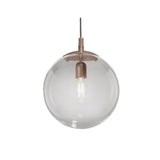 Global Globe Pendant Light - 30cm clear acrylic sphere shade with bronze fitting and exposed E27 bulb, on a black cord, plain white background.