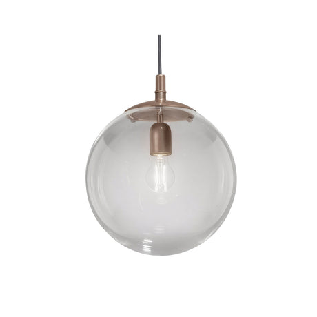Global Globe Pendant Light - 30cm clear acrylic sphere shade with bronze fitting and exposed E27 bulb, on a black cord, plain white background.