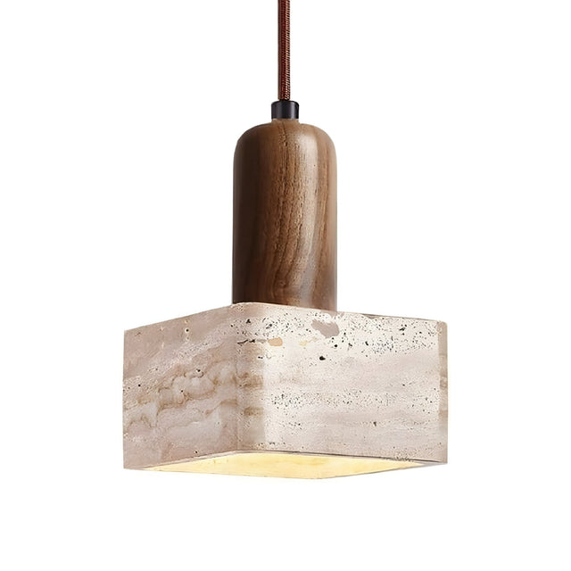 The Cavero 1 Light Square Block Travertine Single Pendant Light features a light beige stone base and a smooth walnut brown wooden top, hanging from a brown cord with soft illumination from the base.