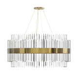 The Liberty 24 Light Brass & Crystal Glass Chandelier - Gold features a circular gold frame, vertical clear glass panels, and four cable suspension from a round gold mount—an ideal luxury centerpiece for modern interiors.