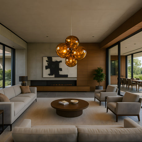 A modern living room features neutral-toned sofas and armchairs, a round wooden coffee table, floor-to-ceiling windows, a large abstract painting, and the Lava LED 4 Light Chandelier - Gold illuminating views of greenery outside.