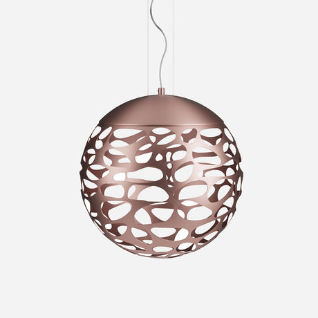 The Elon LED Single Pendant in a copper finish showcases a modern openwork design that casts decorative shadows. This dimmable light hangs elegantly from a single wire against a plain white background, creating an ambiance of contemporary sophistication.