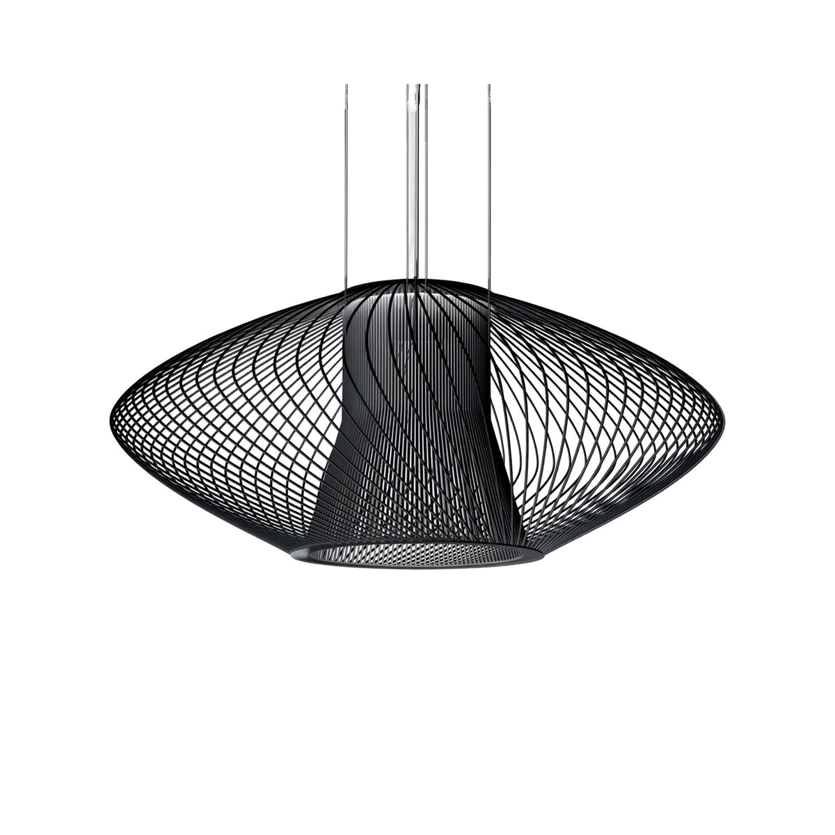 Impossible Oval Pendant Light 65cm in black metal wirework, a single-light flattened oval woven shade suspended from thin rods, shown on a plain white background.