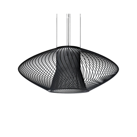 Impossible Oval Pendant Light 65cm in black metal wirework, a single-light flattened oval woven shade suspended from thin rods, shown on a plain white background.