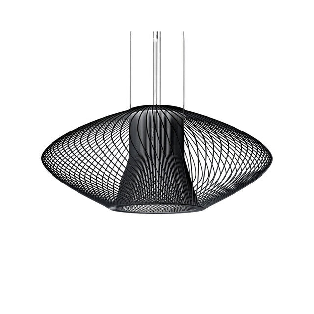 Impossible Oval Pendant Light 65cm in black metal wirework, a single-light flattened oval woven shade suspended from thin rods, shown on a plain white background.