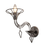 Dedalo 1 Light Wall Light in a dark metal wire frame, featuring a flared trumpet-style shade, sinuous curved arm, geometric hanging accents, and an E14 candle bulb, shown on a plain white background.