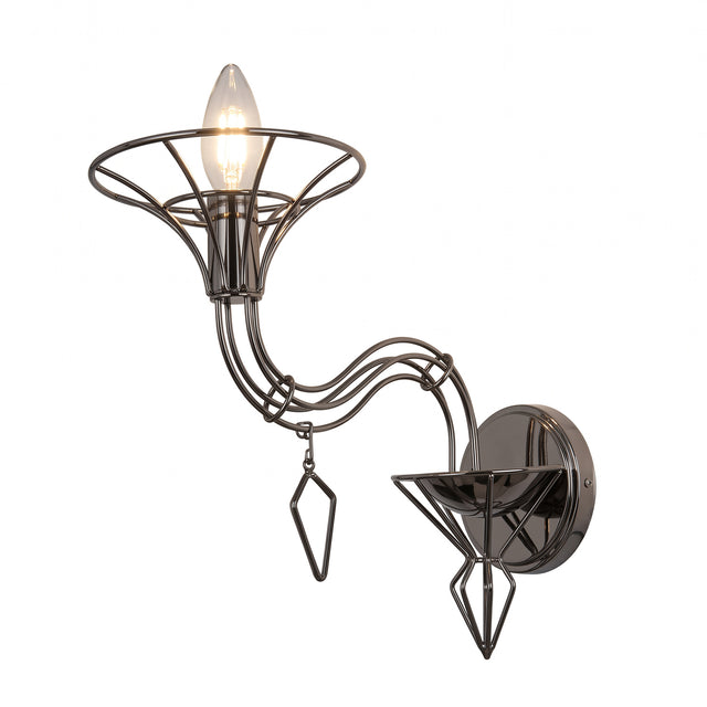 Dedalo 1 Light Wall Light in a dark metal wire frame, featuring a flared trumpet-style shade, sinuous curved arm, geometric hanging accents, and an E14 candle bulb, shown on a plain white background.