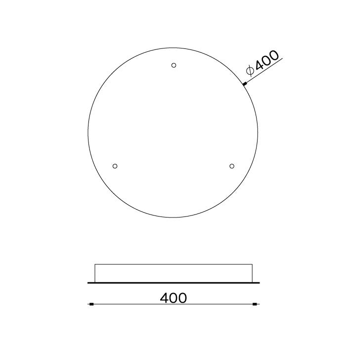 Technical drawing of a circular plate for a pendant lighting design. The top view illustrates a circle with four small holes and labels the diameter as 400 units. The side view verifies the width measurement of 400 units, making it perfect for custom lighting setups utilizing the Universal 3 Light Round Canopy - White.