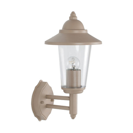 Aster Taupe outdoor wall light, 36cm, with curved conical glass shade, lantern-style top and wall bracket mount, shown with bulb, on a plain white background.