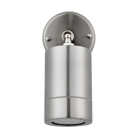 Lantana Brushed Steel Adjustable Directional Outdoor Wall Light, 9cm, cylindrical design with round wall mount and visible fixing screws, shown on a plain white background.