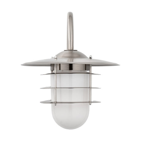Centauri outdoor wall light, 36cm, brushed steel arm and cap with tiered louvred shade over an opaque glass globe, shown on a plain white background.