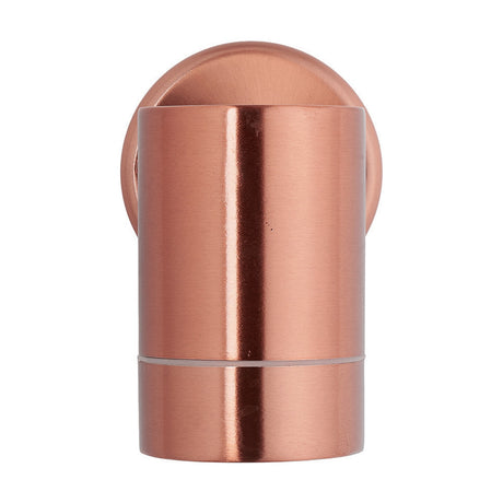 Lantana Copper Fixed Spot Outdoor Wall Light, 12cm cylindrical stainless steel fixture with round wall bracket, shown on a plain white background.