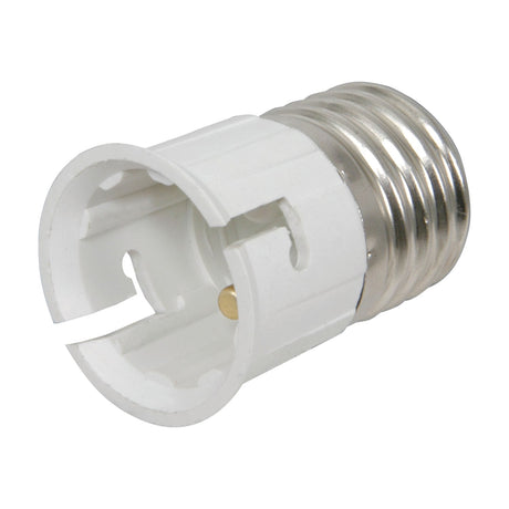 AVSL E27 to B22 lamp socket converter with silver Edison screw base and white thermoplastic bayonet cap fitting, rated 60W max, on a white background.