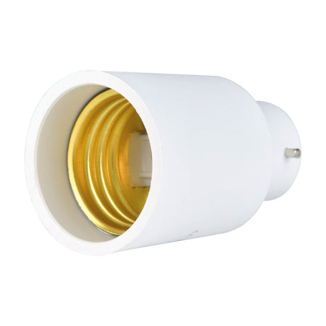 AVSL B22 to E27 lamp converter with white thermoplastic body, bayonet cap base and gold E27 threaded socket, shown on a plain white background.
