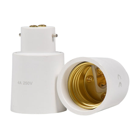 AVSL B22 to E27 lamp converter with white thermoplastic body, showing the B22 bayonet cap and the gold E27 threaded socket on a white background.