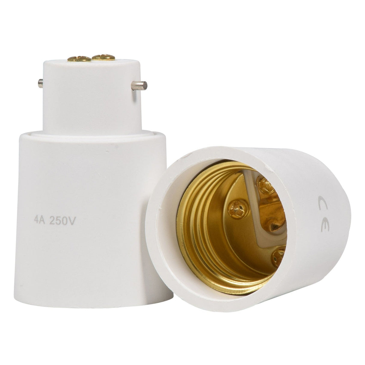 The image showcases two white LYYT Lamp Converters (B22 to E27). One is positioned upright, highlighting its two metal prongs on top, similar to a light fitting adapter. The other is lying on its side, exposing its gold-toned interior. Both are marked with "4A 250V" and the CE certification.