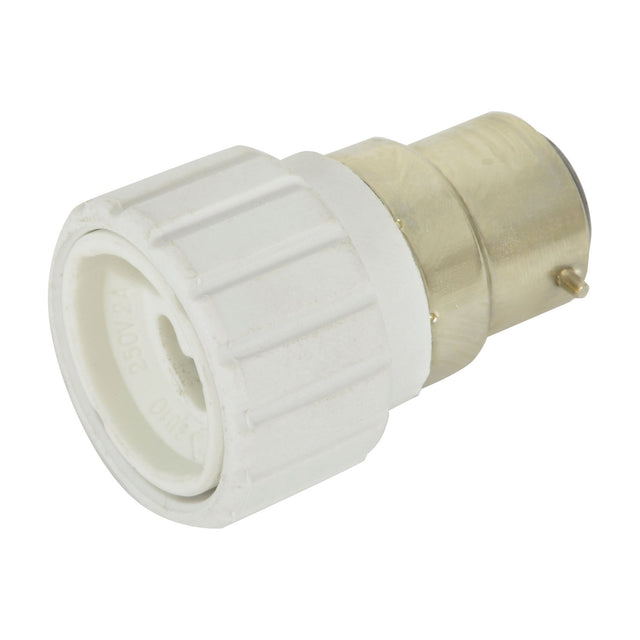 AVSL B22 to GU10 lamp socket converter with white ceramic body and brass bayonet cap base, rated 60W, shown on a plain white background.