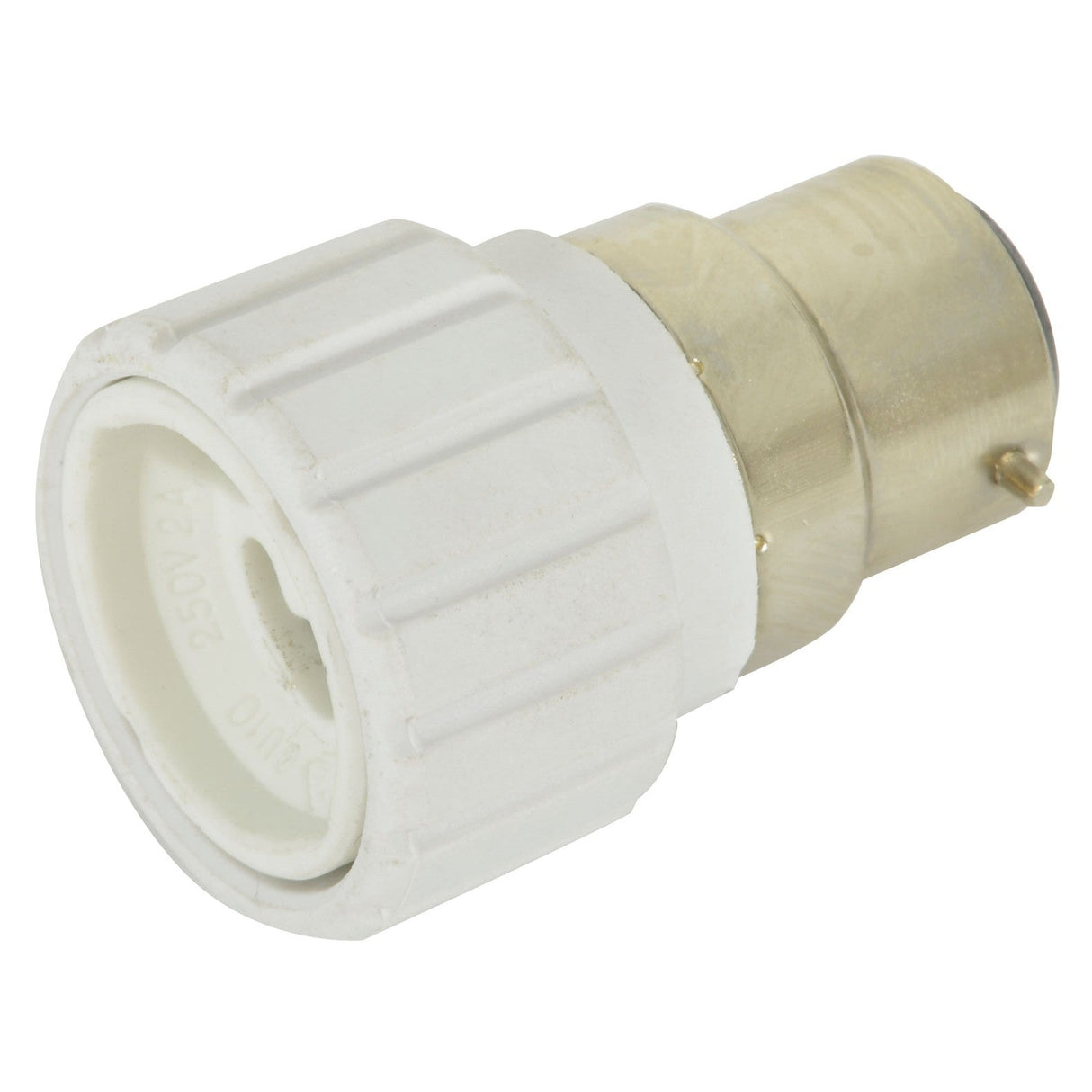 Introducing the LYYT Lamp Socket Converter (B22 To GU10) with a sleek white and brass design. It features a ribbed grip for easy handling, designed to support 250V and 2.5A. This versatile adapter is ideal for bayonet cap usage, boasting a round socket on one side and a metal contact pin on the other.