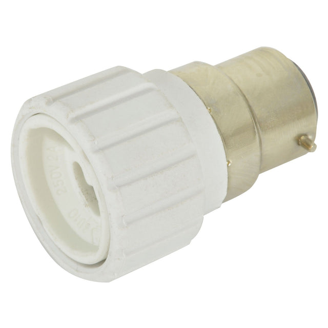 Introducing the LYYT Lamp Socket Converter (B22 To GU10) with a sleek white and brass design. It features a ribbed grip for easy handling, designed to support 250V and 2.5A. This versatile adapter is ideal for bayonet cap usage, boasting a round socket on one side and a metal contact pin on the other.