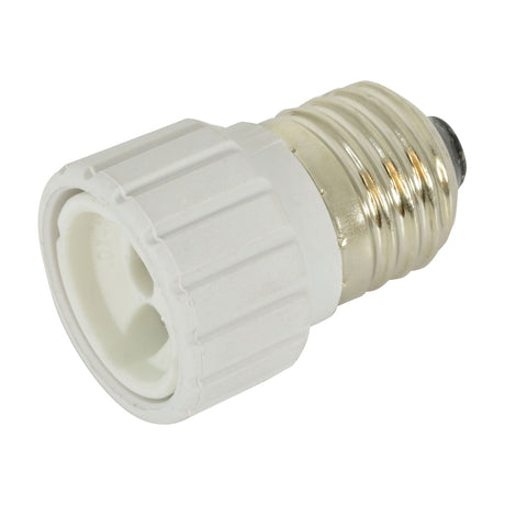 AVSL E27 to GU10 ceramic lamp socket converter with nickel-plated Edison screw base and white ribbed body, shown on a plain white background.