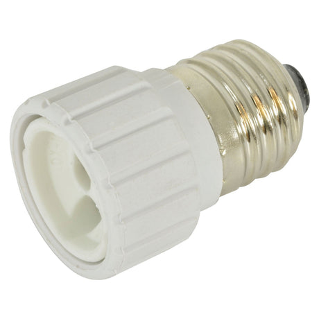 Close-up of the LYYT Lamp Socket Converter featuring a metal Edison screw fitting base and a white plastic socket.