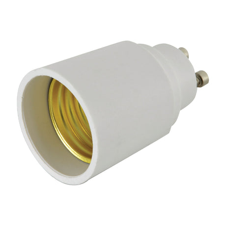 AVSL GU10 to E27 lamp converter adaptor with white thermoplastic body, twist-lock GU10 pins and internal brass E27 screw socket, on a plain background.