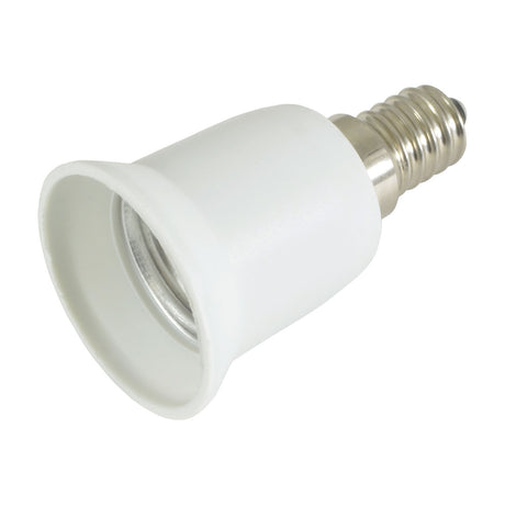 AVSL E14 to E27 lamp socket converter with white thermoplastic body and metal E14 screw thread, shown on a plain white background.